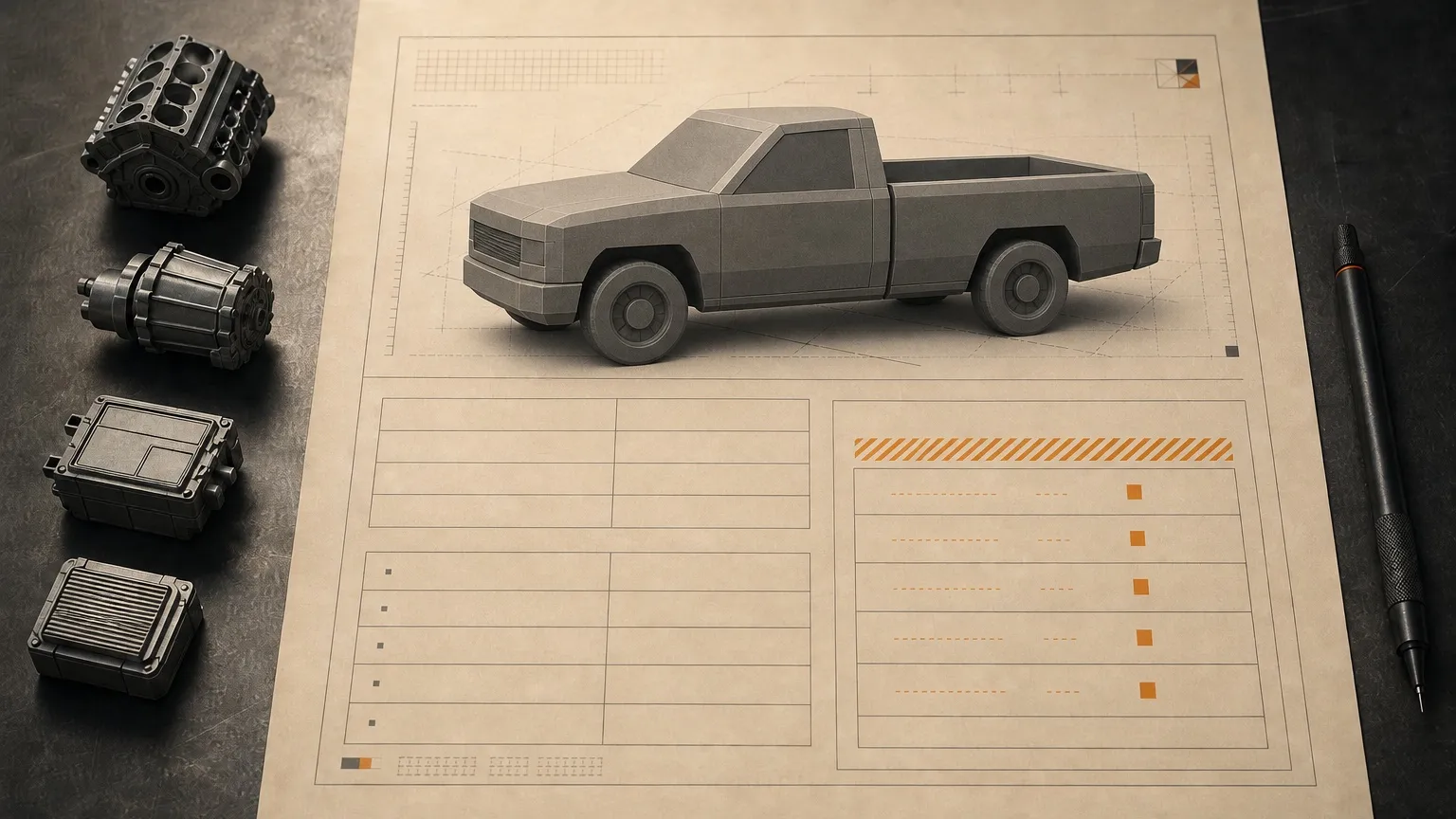 Unbranded pickup model beside a technical specification study with blank data fields