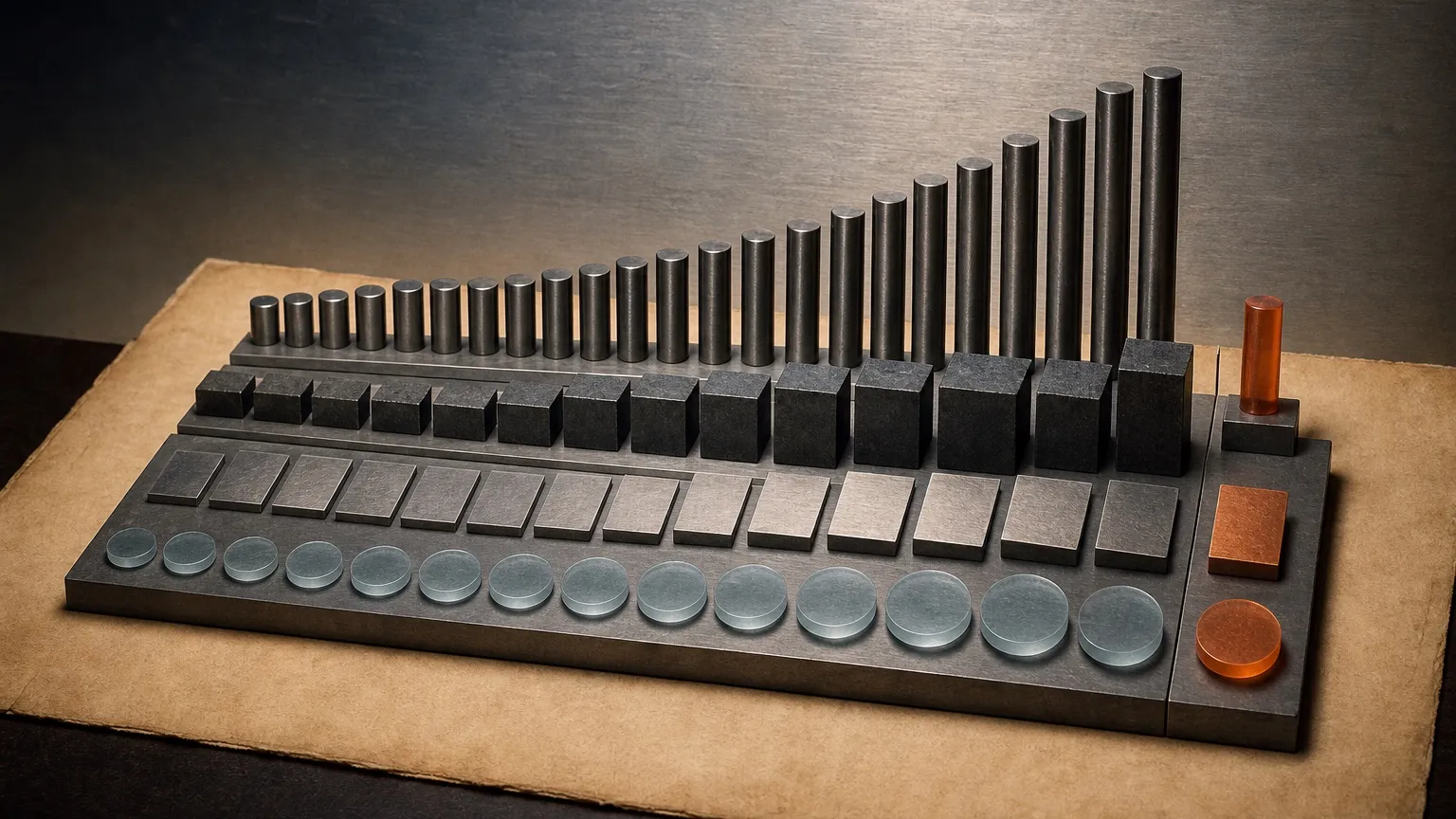 Layered metal data traces rising across a warm paper technical study