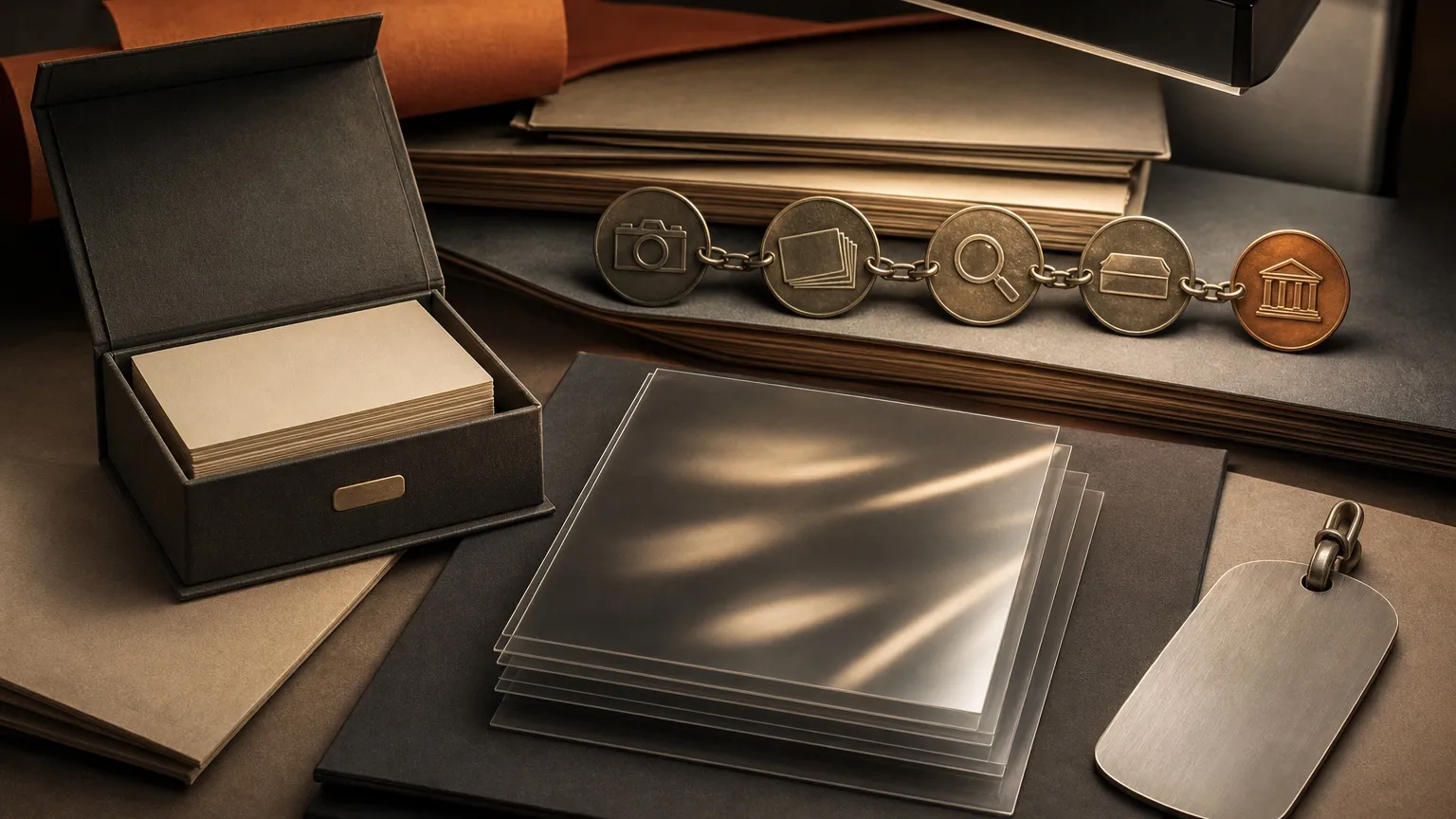 Archival box, blank catalog cards, translucent image sheets, and linked documentation symbols