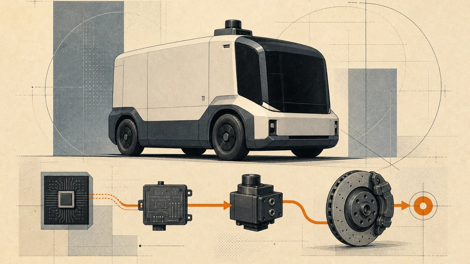 Editorial illustration of an unbranded automated vehicle above a conceptual electronic-command-to-brake chain