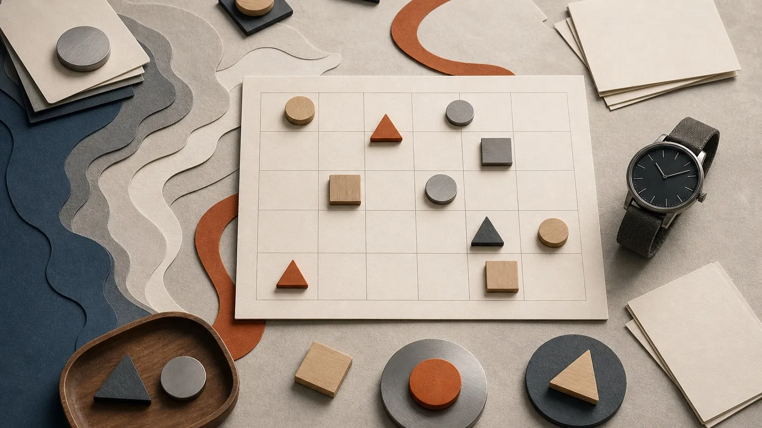 Coastal trip-planning tabletop with blank calendar blocks, event tokens, and a watch